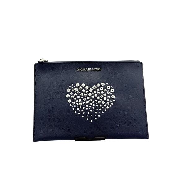 RETAIL $178 Michael MICHAEL KORS Extra Large Zip Clutch*Studded Hearts! BNWT - Picture 1 of 14